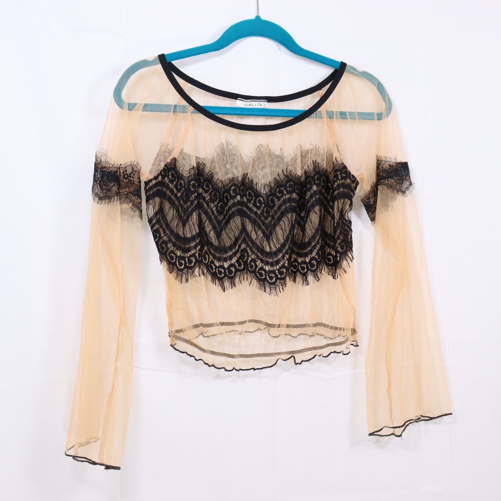 Galita Mesh Lace Crop Top M Beige Womens Sheer Bell Sleeve Eyelash Lace Blouse